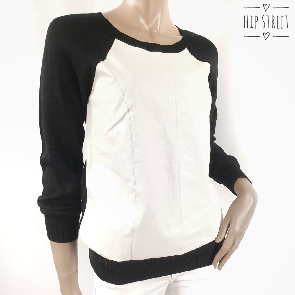 TOWNSEN LS White Lamb Leather & Black Knit Sweatshirt Style Sweater S